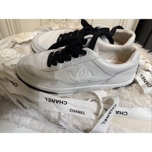 Chanel Women's Lace-Up Calfskin Low Top Sneaker Flats Shoes White 40
